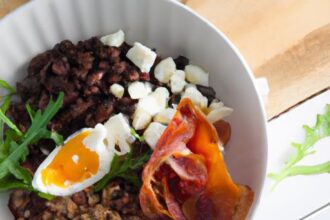 Hearty Warm Lentil Salad with Bacon and Poached Egg Delight