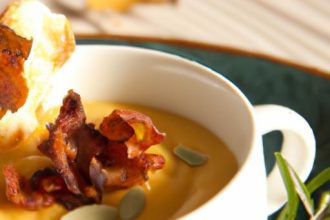 Velvety Pumpkin and Chestnut Soup Topped with Crispy Bacon