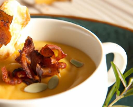 Velvety Pumpkin and Chestnut Soup Topped with Crispy Bacon
