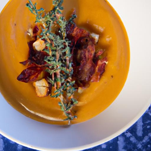 velvety Pumpkin and chestnut Soup Topped with Crispy Bacon
