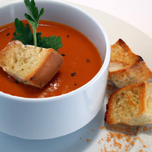 Silky Cream of Tomato Soup Paired with Crispy Garlic Croutons