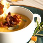 Velvety Pumpkin and Chestnut Soup Topped with Crispy Bacon